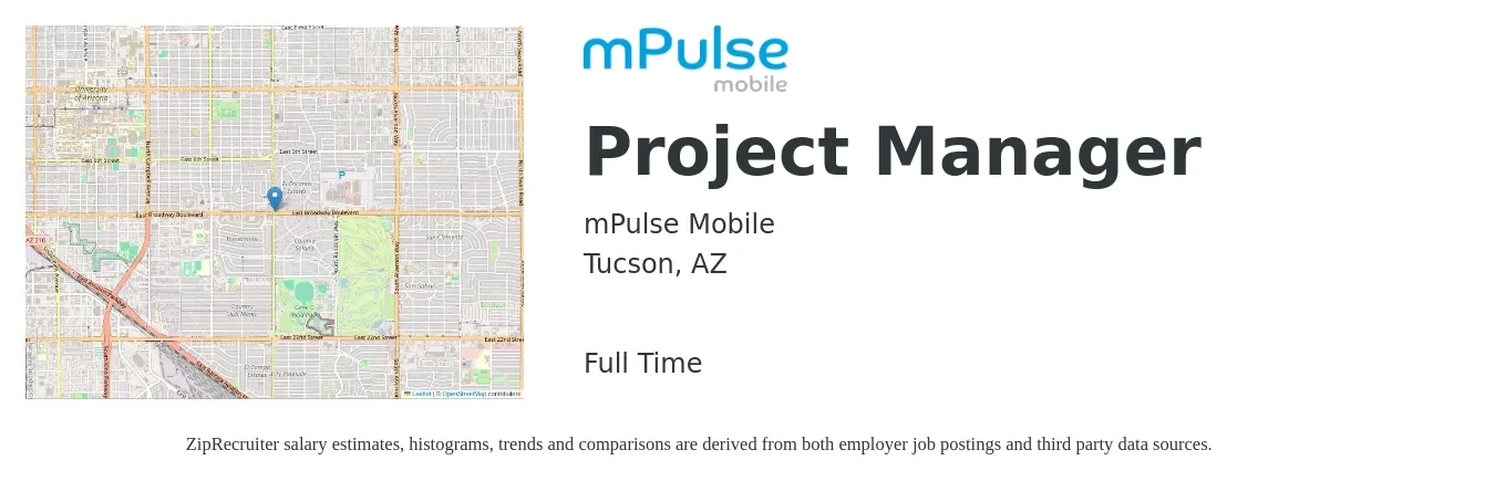 mPulse Mobile job posting for a Project Manager in Tucson, AZ with a salary of $67,500 to $105,700 Yearly with a map of Tucson location.