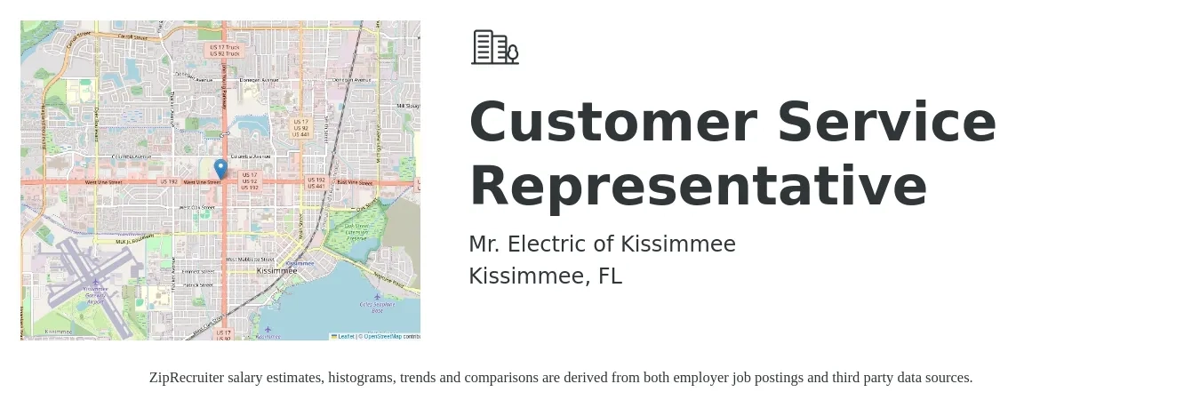 Mr. Electric of Kissimmee job posting for a Customer Service Representative in Kissimmee, FL with a salary of $3,000 to $3,500 Monthly with a map of Kissimmee location.