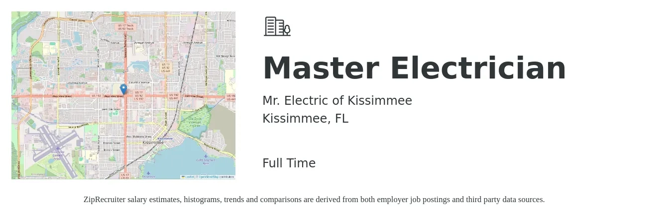 Mr. Electric of Kissimmee job posting for a Master Electrician in Kissimmee, FL with a salary of $4,500 to $5,500 Monthly with a map of Kissimmee location.