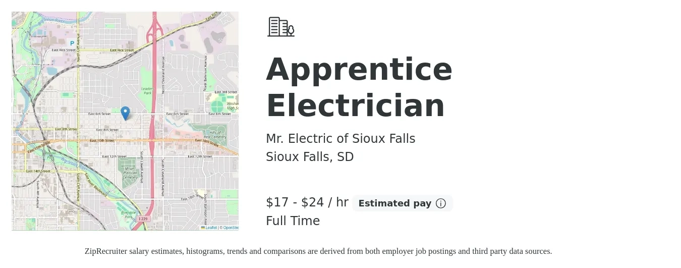 Mr. Electric of Sioux Falls job posting for a Apprentice Electrician in Sioux Falls, SD with a salary of $18 to $25 Hourly with a map of Sioux Falls location.