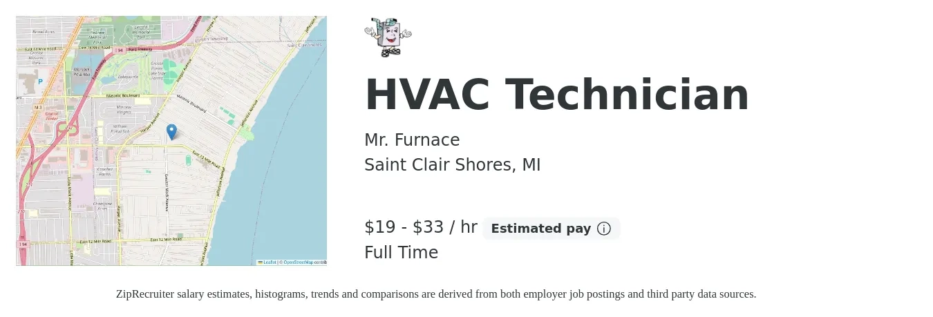 Mr. Furnace job posting for a HVAC Technician in Saint Clair Shores, MI with a salary of $22 to $30 Hourly and benefits including pto, and retirement with a map of Saint Clair Shores location.