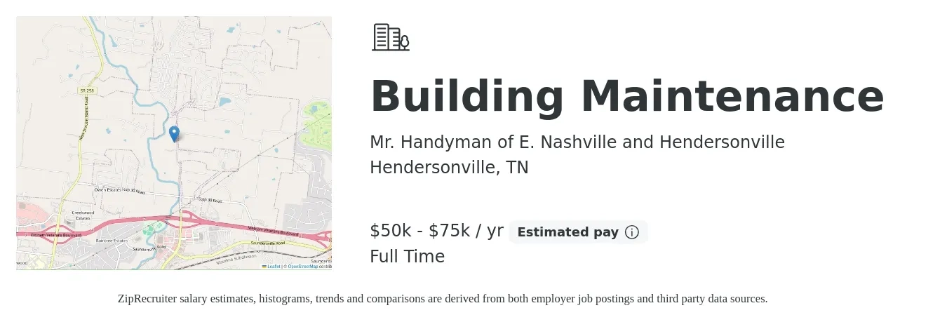 Mr. Handyman of E. Nashville and Hendersonville job posting for a Building Maintenance in Hendersonville, TN with a salary of $50,000 to $75,000 Yearly with a map of Hendersonville location.