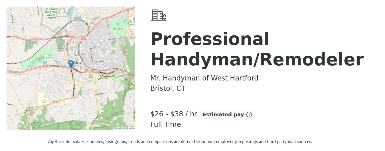 Mr. Handyman of West Hartford job posting for a Professional Handyman/Remodeler in Bristol, CT with a salary of $28 to $40 Hourly and benefits including pto with a map of Bristol location.