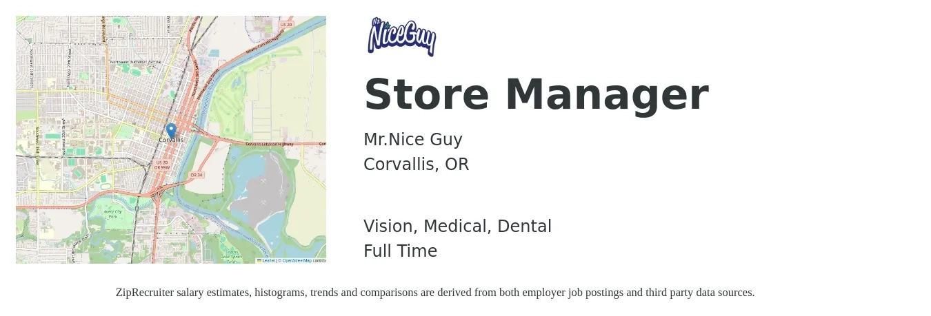 Mr.Nice Guy job posting for a Store Manager in Corvallis, OR with a salary of $43,000 to $66,800 Yearly and benefits including medical, pto, vision, and dental with a map of Corvallis location.