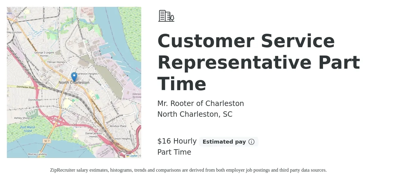 Mr. Rooter of Charleston job posting for a Customer Service Representative Part Time in North Charleston, SC with a salary of $17 Hourly with a map of North Charleston location.
