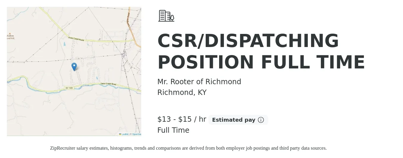 Mr. Rooter of Richmond job posting for a Customer Service Position FULL TIME / Some weekends REQUIRED in Richmond, KY with a salary of $14 to $16 Hourly with a map of Richmond location.