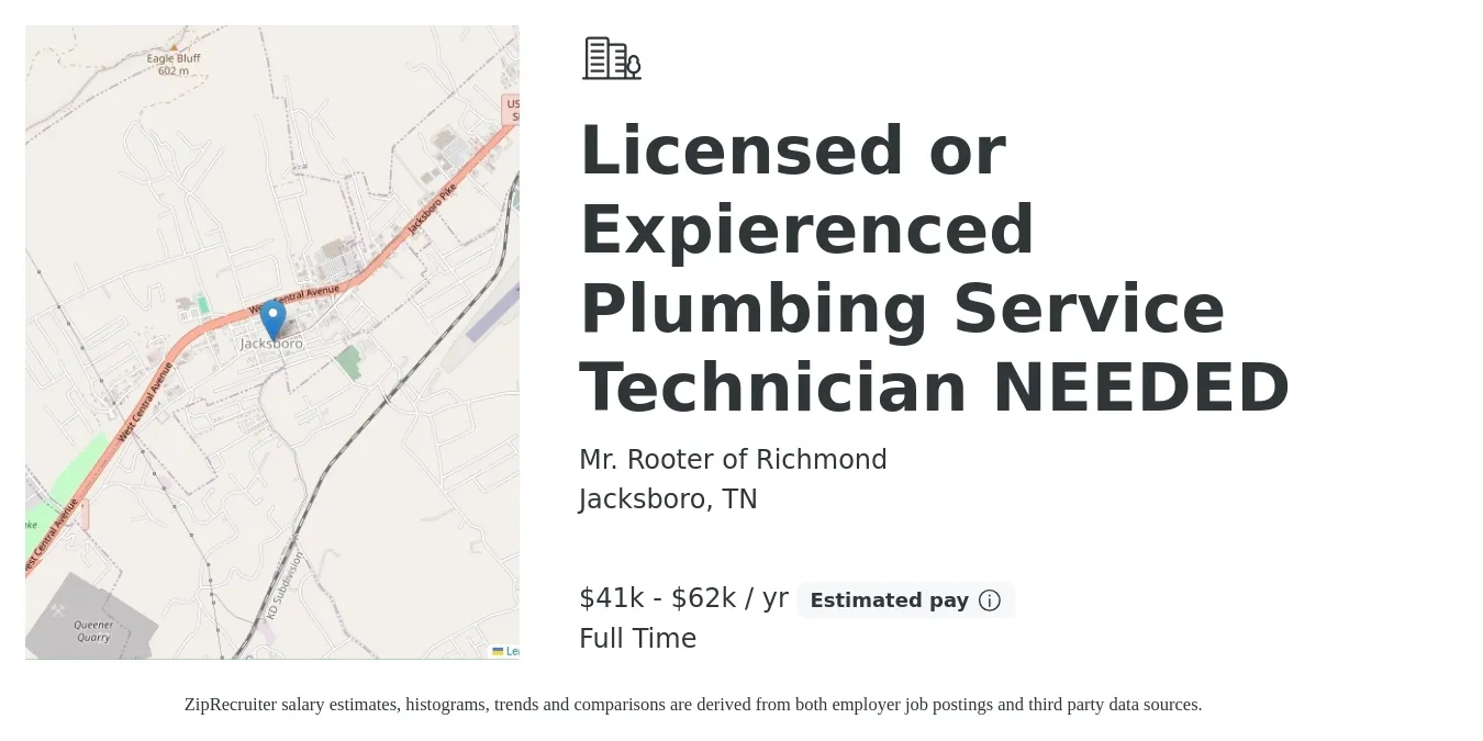 Mr. Rooter of Richmond job posting for a Licensed or Expierenced Plumbing Service Technician NEEDED in Jacksboro, TN with a salary of $41,600 to $62,400 Yearly with a map of Jacksboro location.
