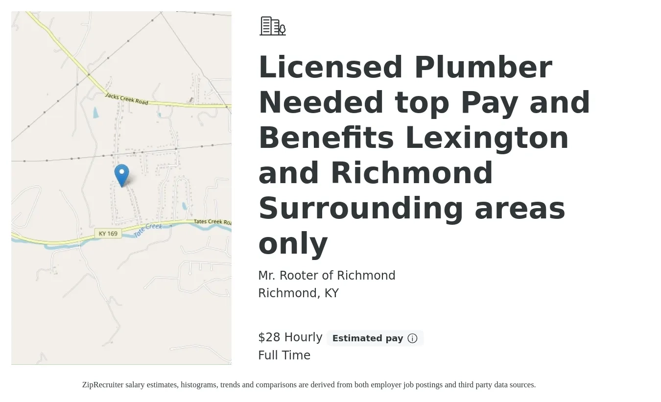 Mr. Rooter of Richmond job posting for a Licensed Plumber Needed top Pay and Benefits Lexington and Richmond Surrounding areas only in Richmond, KY with a salary of $30 Hourly with a map of Richmond location.