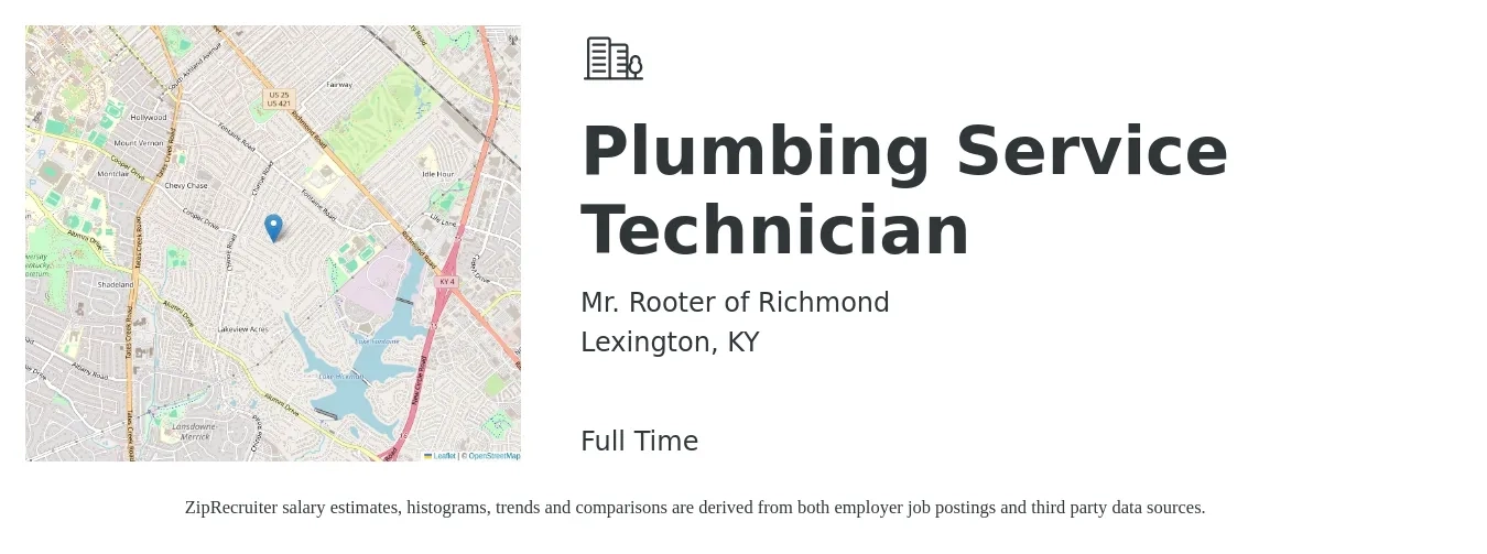 Mr. Rooter of Richmond job posting for a Plumbing Service Technician in Lexington, KY with a salary of $25 to $36 Hourly with a map of Lexington location.