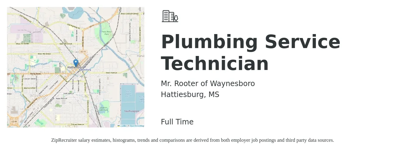 Mr. Rooter of Waynesboro job posting for a Plumbing Service Technician in Hattiesburg, MS with a salary of $3,500 Monthly with a map of Hattiesburg location.