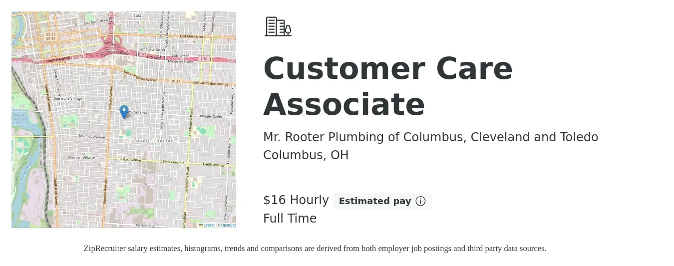 Mr. Rooter Plumbing of Columbus, Cleveland and Toledo job posting for a Customer Care Associate in Columbus, OH with a salary of $17 Hourly with a map of Columbus location.