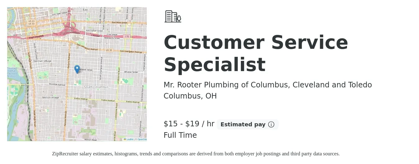Mr. Rooter Plumbing of Columbus, Cleveland and Toledo job posting for a Customer Service Specialist in Columbus, OH with a salary of $16 to $20 Hourly with a map of Columbus location.