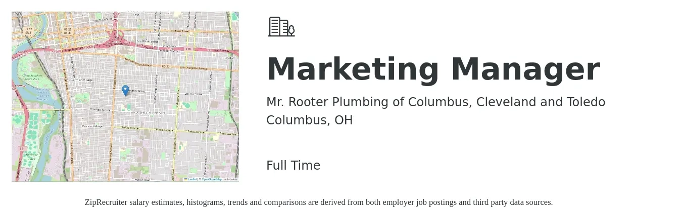 Mr. Rooter Plumbing of Columbus, Cleveland and Toledo job posting for a Marketing Manager in Columbus, OH with a salary of $58,000 to $94,700 Yearly with a map of Columbus location.