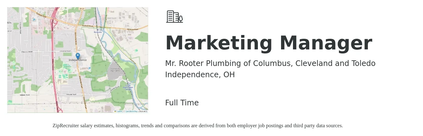 Mr. Rooter Plumbing of Columbus, Cleveland and Toledo job posting for a Marketing Manager in Independence, OH with a salary of $58,800 to $96,100 Yearly with a map of Independence location.