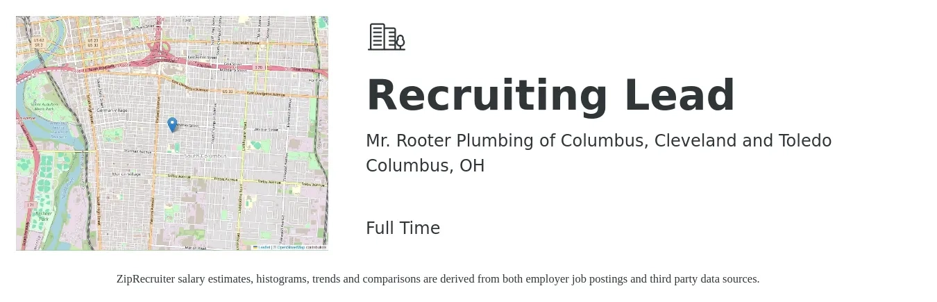 Mr. Rooter Plumbing of Columbus, Cleveland and Toledo job posting for a Recruiting Lead in Columbus, OH with a salary of $52,600 to $128,900 Yearly with a map of Columbus location.