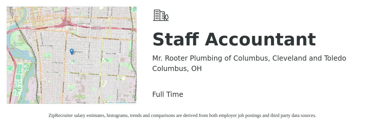Mr. Rooter Plumbing of Columbus, Cleveland and Toledo job posting for a Staff Accountant in Columbus, OH with a salary of $53,100 to $70,000 Yearly with a map of Columbus location.