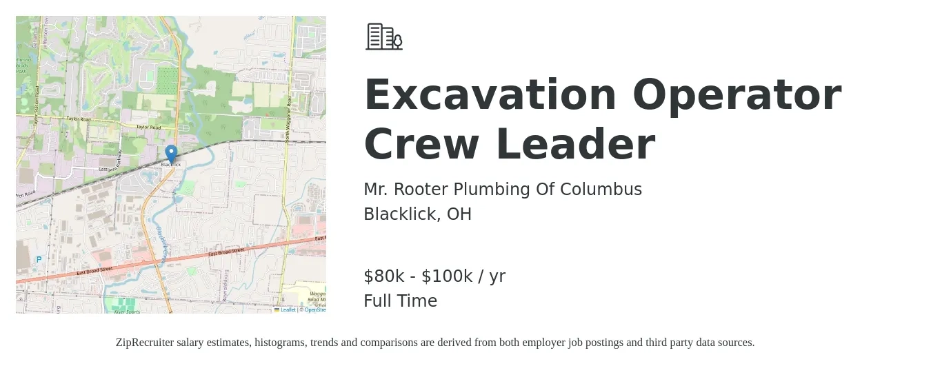 Mr. Rooter Plumbing Of Columbus job posting for a Excavation Operator Crew Leader in Blacklick, OH with a salary of $80,000 to $100,000 Yearly with a map of Blacklick location.