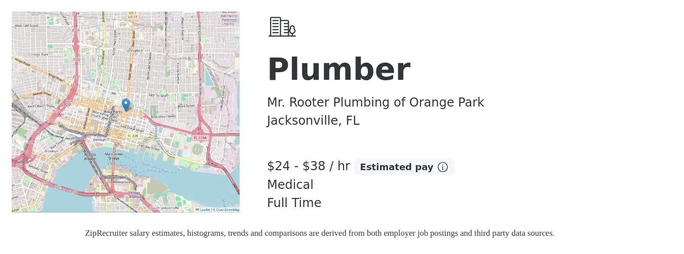 Mr. Rooter Plumbing of Orange Park job posting for a Plumber in Jacksonville, FL with a salary of $25 to $40 Hourly (plus commission) and benefits including medical, and pto with a map of Jacksonville location.