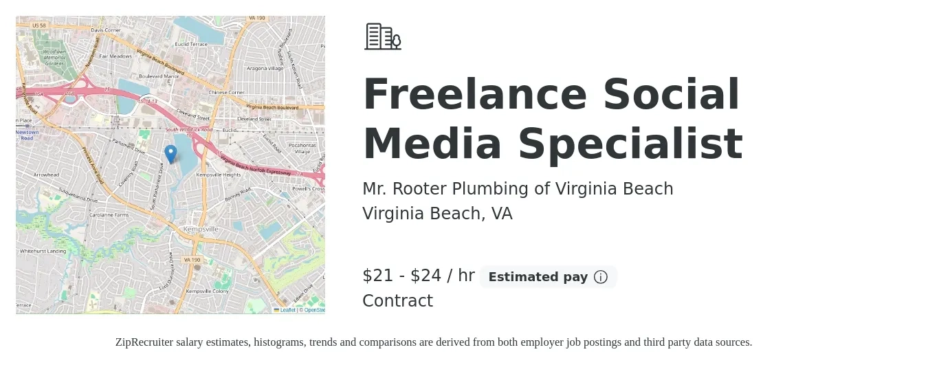 Mr. Rooter Plumbing of Virginia Beach job posting for a Freelance Social Media Specialist in Virginia Beach, VA with a salary of $22 to $25 Hourly with a map of Virginia Beach location.