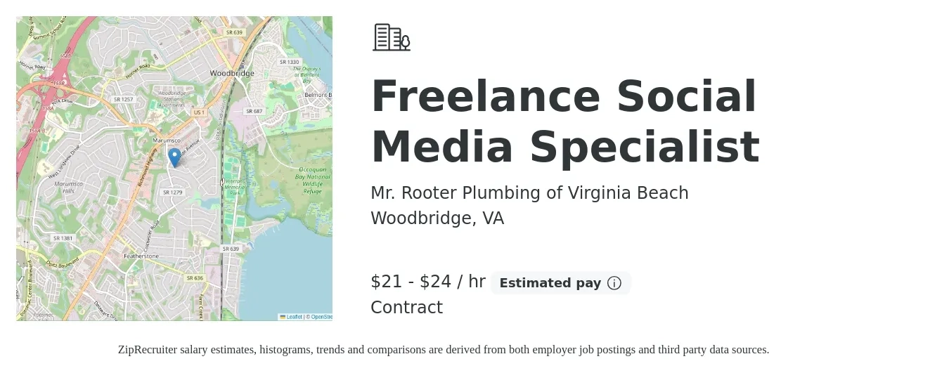 Mr. Rooter Plumbing of Virginia Beach job posting for a Freelance Social Media Specialist in Virginia Beach, VA with a salary of $22 to $25 Hourly with a map of Virginia Beach location.