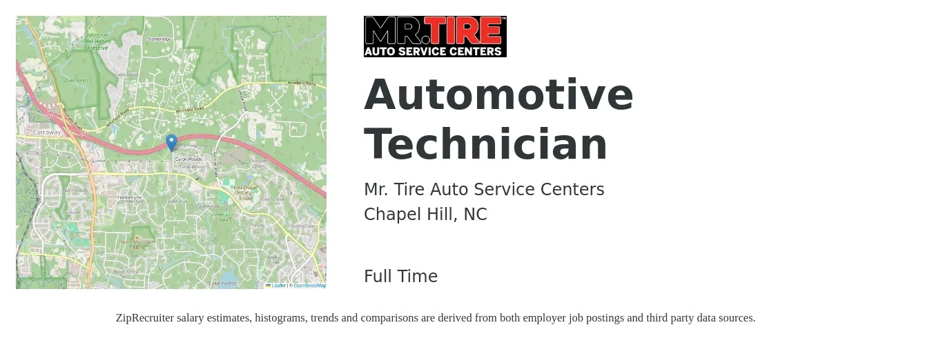 Mr. Tire Auto Service Centers job posting for a Automotive Technician in Chapel Hill, NC with a salary of $18 to $30 Hourly with a map of Chapel Hill location.