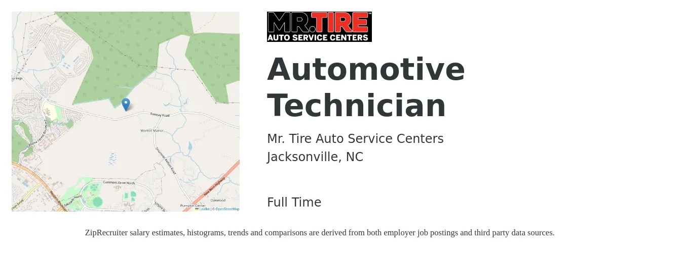 Mr. Tire Auto Service Centers job posting for a Automotive Technician in Jacksonville, NC with a salary of $20 to $31 Hourly with a map of Jacksonville location.