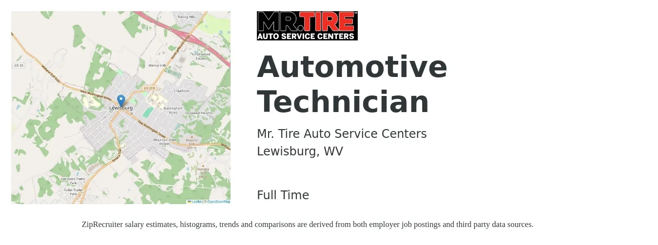 Mr. Tire Auto Service Centers job posting for a Automotive Technician in Lewisburg, WV with a salary of $18 to $29 Hourly with a map of Lewisburg location.