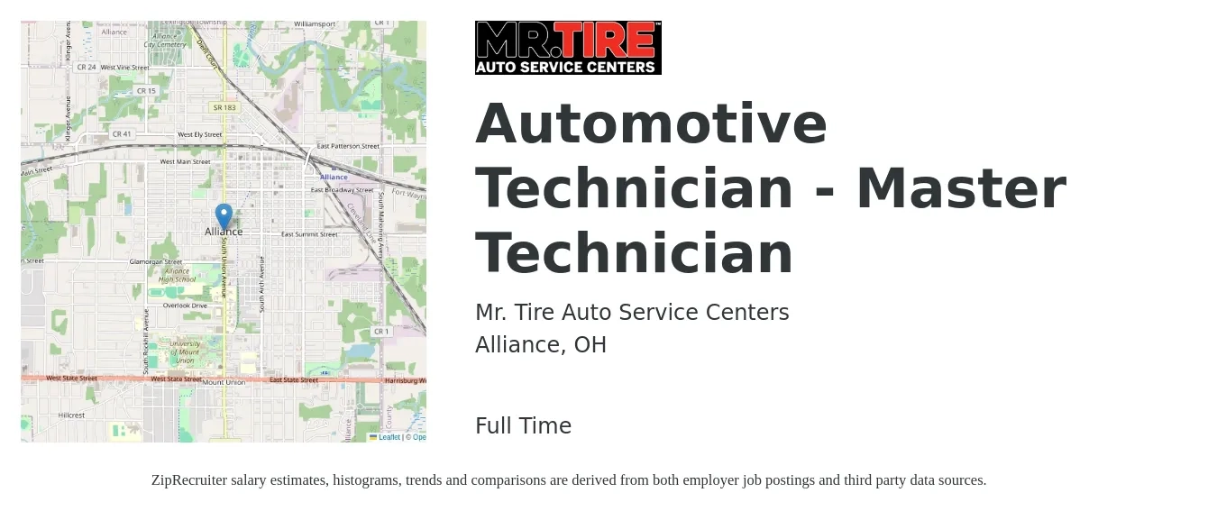 Mr. Tire Auto Service Centers job posting for a Automotive Technician - Master Technician in Alliance, OH with a salary of $16 to $25 Hourly with a map of Alliance location.