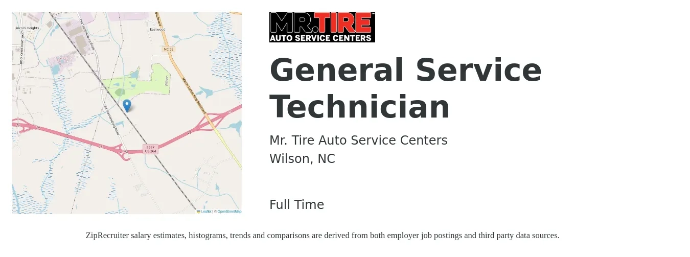 Mr. Tire Auto Service Centers job posting for a General Service Technician in Wilson, NC with a salary of $15 to $19 Hourly with a map of Wilson location.
