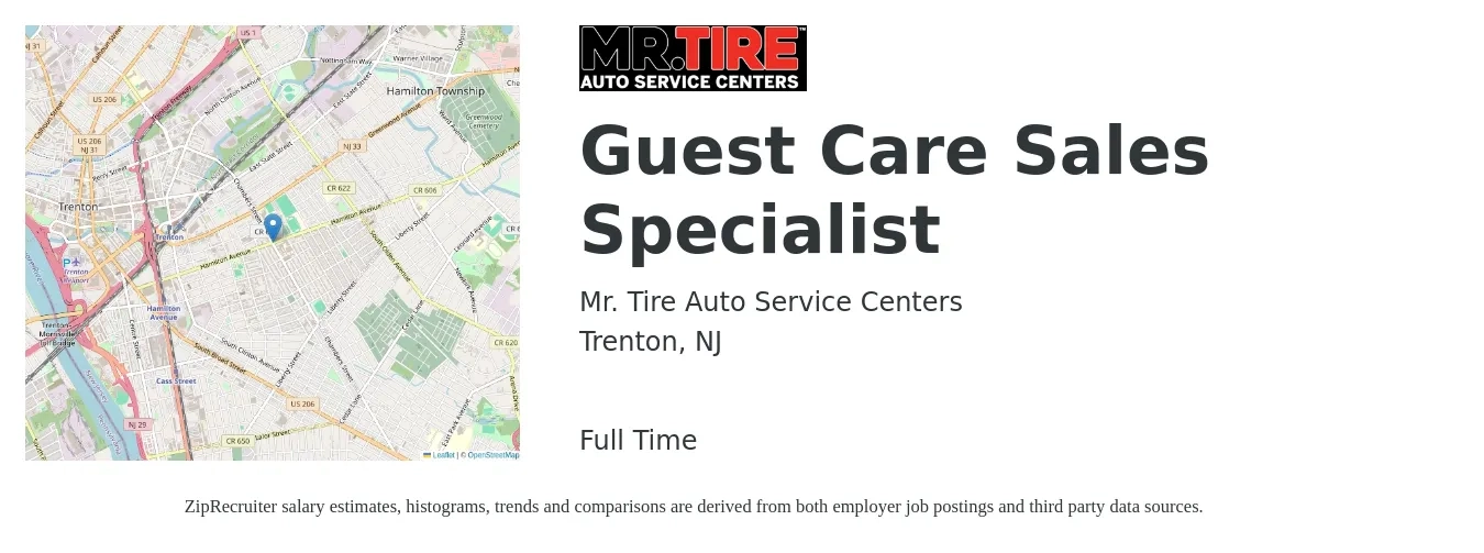 Mr. Tire Auto Service Centers job posting for a Guest Care Sales Specialist in Trenton, NJ with a salary of $18 to $31 Hourly with a map of Trenton location.