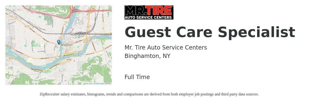 Mr. Tire Auto Service Centers job posting for a Guest Care Specialist in Binghamton, NY with a salary of $13 to $17 Hourly with a map of Binghamton location.