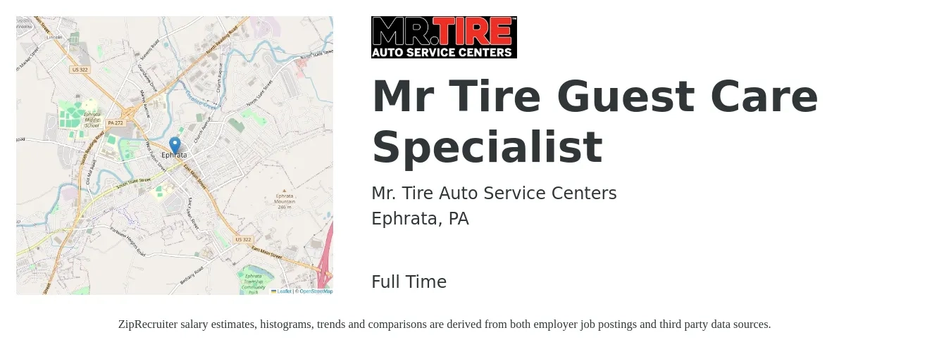Mr. Tire Auto Service Centers job posting for a Mr Tire Guest Care Specialist in Ephrata, PA with a salary of $11 to $15 Hourly with a map of Ephrata location.