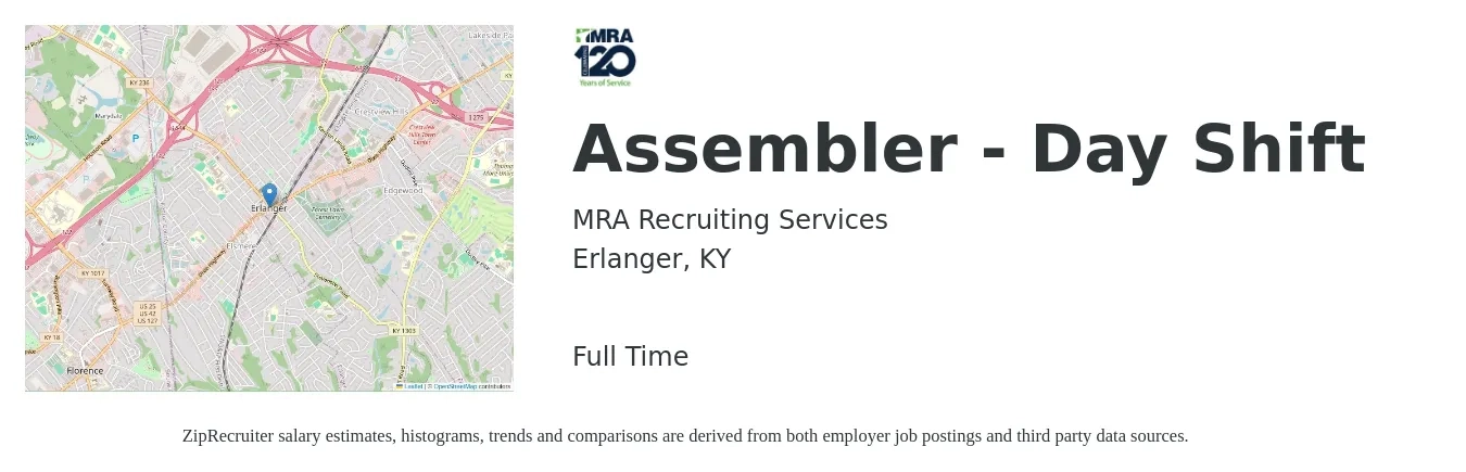 MRA Recruiting Services job posting for a Assembler - Day Shift in Erlanger, KY with a salary of $19 Hourly with a map of Erlanger location.