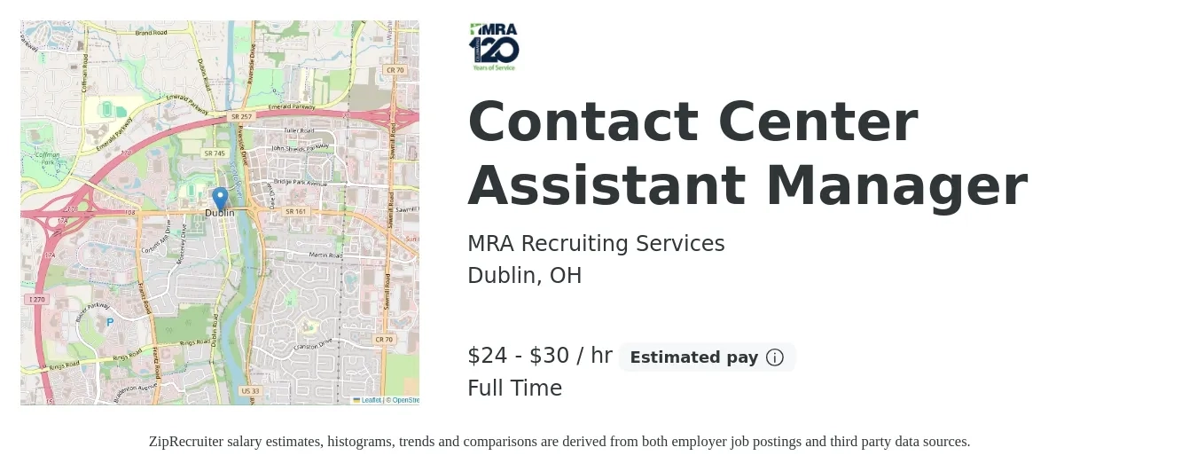 MRA Recruiting Services job posting for a Contact Center Assistant Manager in Dublin, OH with a salary of $26 to $32 Hourly with a map of Dublin location.