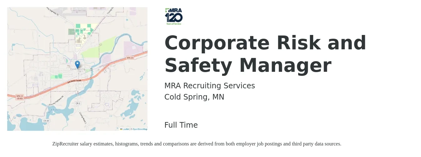 MRA Recruiting Services job posting for a Corporate Risk and Safety Manager in Cold Spring, MN with a salary of $77,900 to $110,500 Yearly with a map of Cold Spring location.