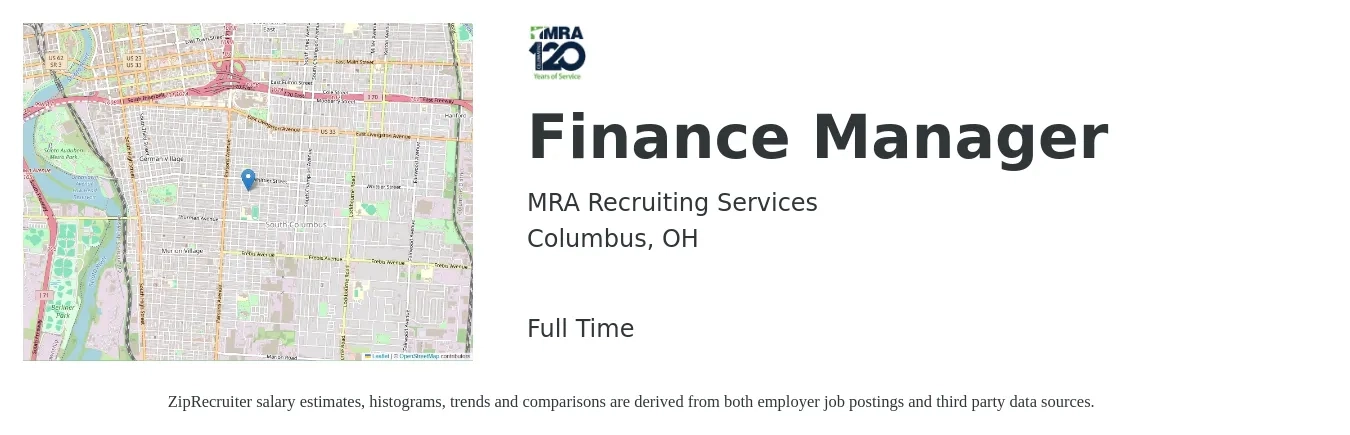 MRA Recruiting Services job posting for a Finance Manager in Columbus, OH with a salary of $91,300 to $162,300 Yearly with a map of Columbus location.