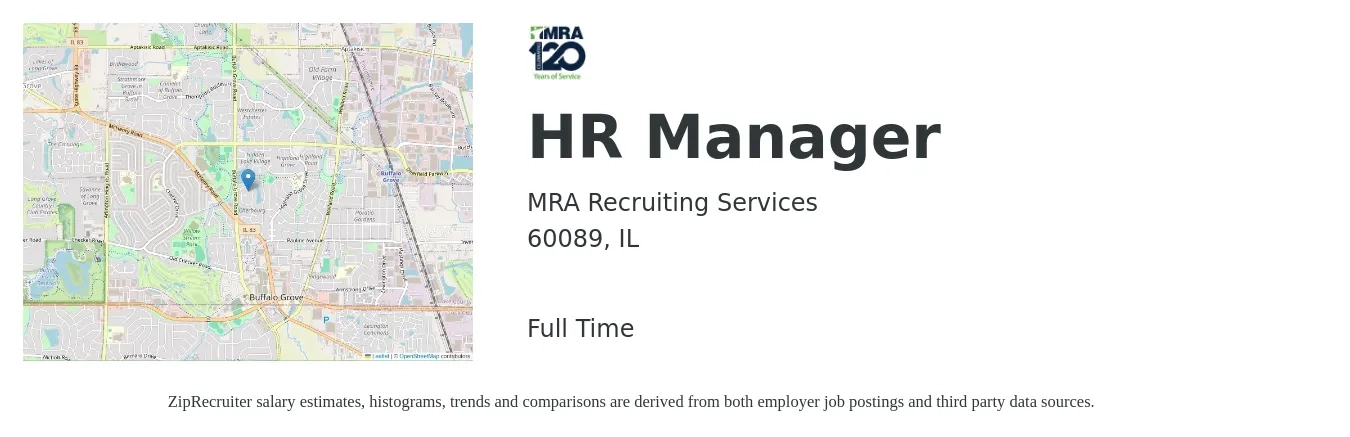 MRA Recruiting Services job posting for a HR Manager in 60089, IL with a salary of $90,000 to $115,000 Yearly with a map of 60089 location.