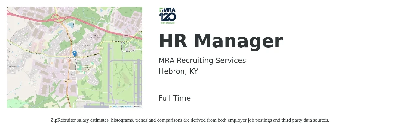 MRA Recruiting Services job posting for a HR Manager in Hebron, KY with a salary of $66,500 to $96,400 Yearly with a map of Hebron location.