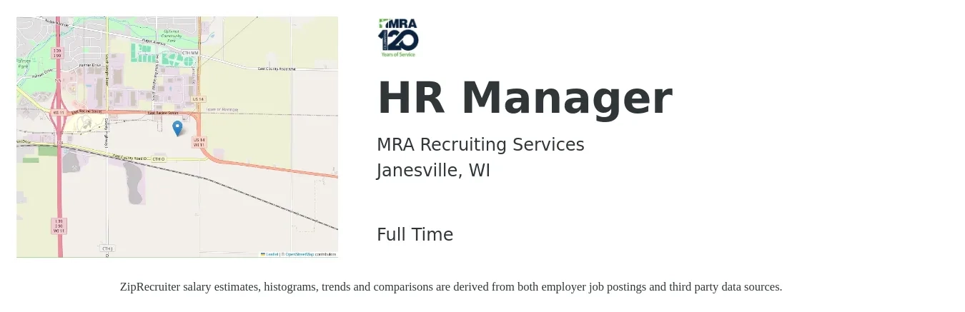 MRA Recruiting Services job posting for a HR Manager in Janesville, WI with a salary of $85,000 to $95,000 Yearly with a map of Janesville location.