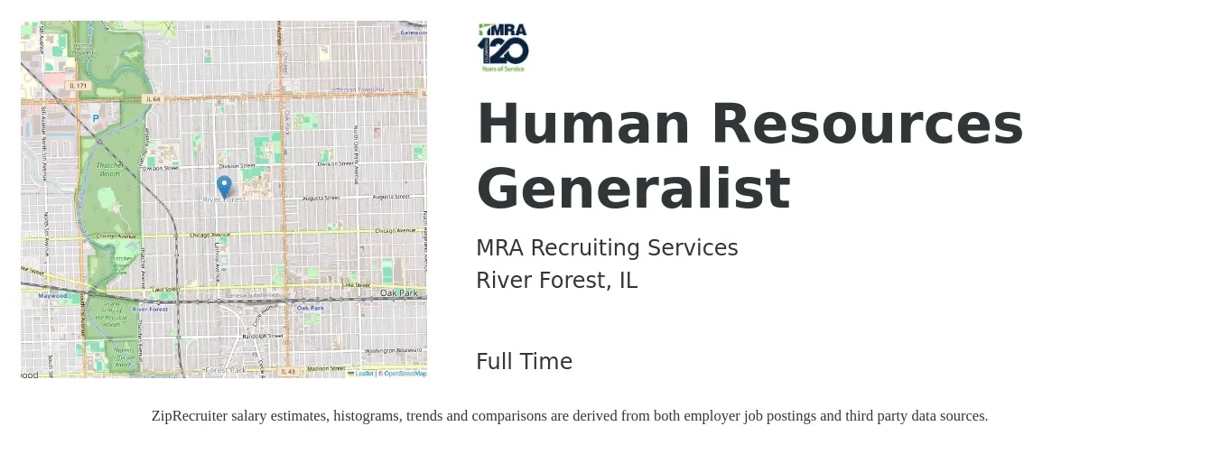 MRA Recruiting Services job posting for a Human Resources Generalist in River Forest, IL with a salary of $50,300 to $71,600 Yearly with a map of River Forest location.