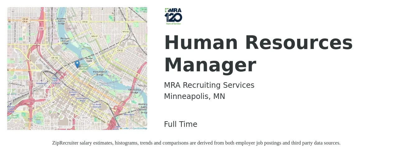 MRA Recruiting Services job posting for a Human Resources Manager in Minneapolis, MN with a salary of $72,000 to $104,400 Yearly with a map of Minneapolis location.