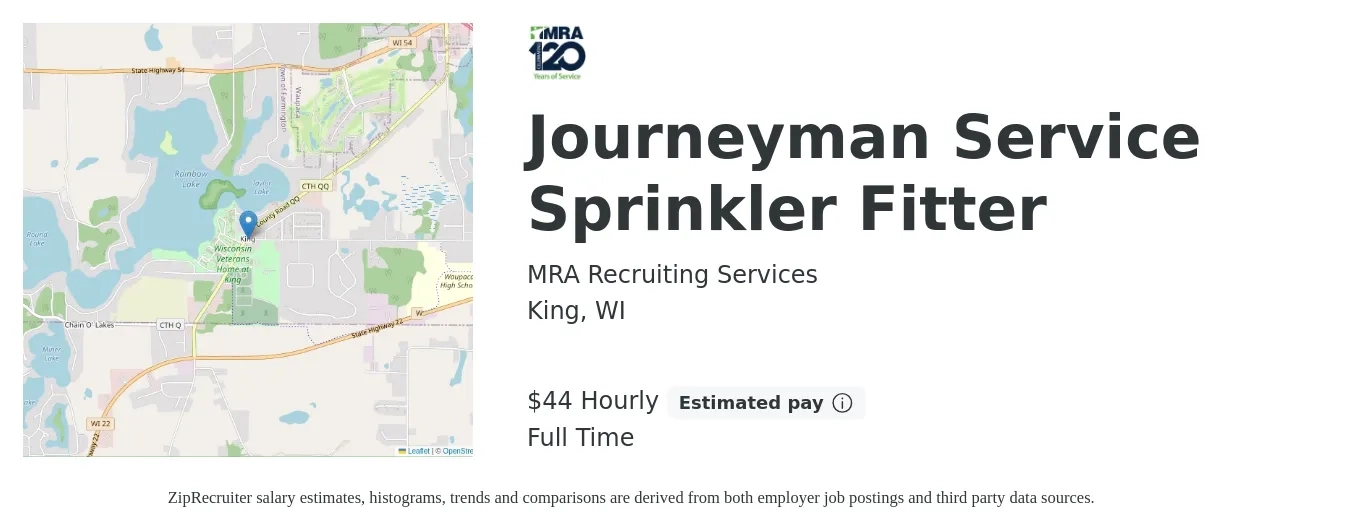 MRA Recruiting Services job posting for a Journeyman Service Sprinkler Fitter in King, WI with a salary of $46 Hourly with a map of King location.