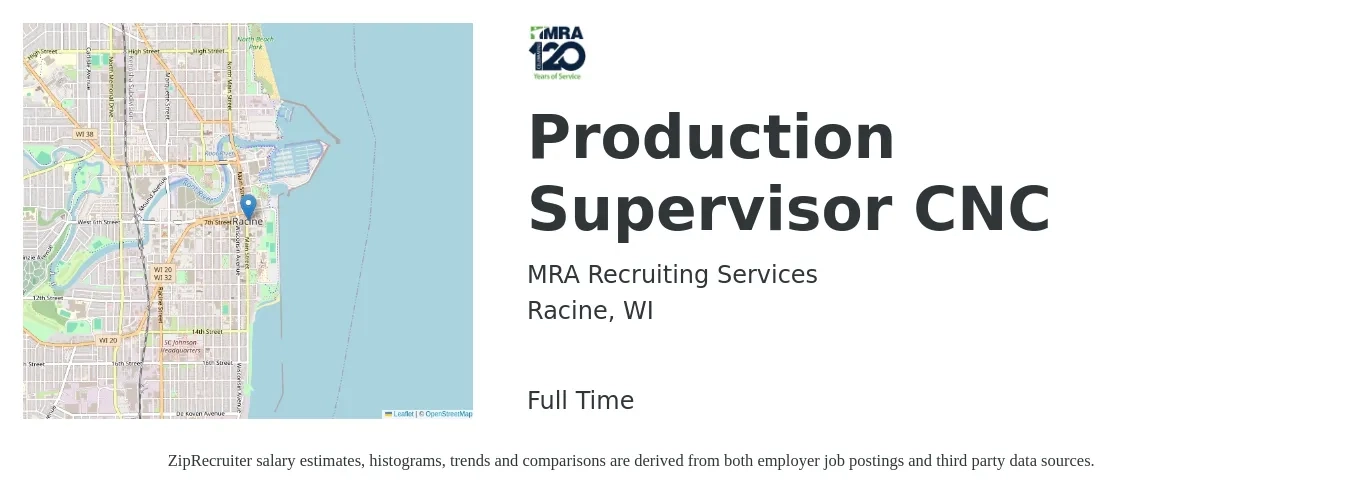 MRA Recruiting Services job posting for a Production Supervisor CNC in Racine, WI with a salary of $52,500 to $75,500 Yearly with a map of Racine location.
