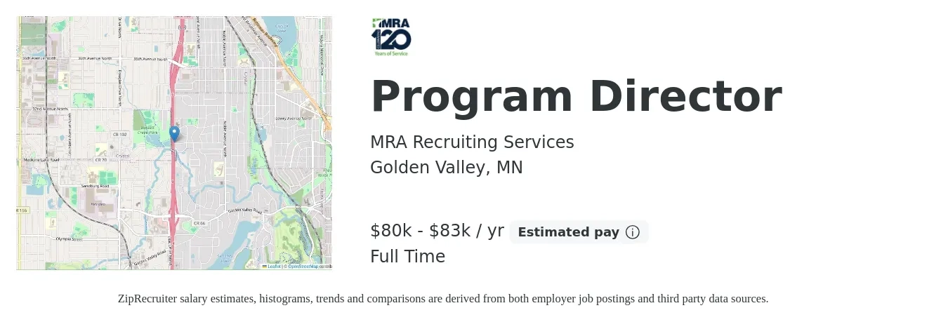 MRA Recruiting Services job posting for a Program Director in Golden Valley, MN with a salary of $80,000 to $83,000 Yearly with a map of Golden Valley location.