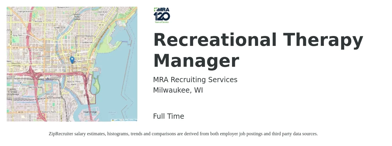 MRA Recruiting Services job posting for a Recreational Therapy Manager in Milwaukee, WI with a salary of $24 to $48 Hourly with a map of Milwaukee location.