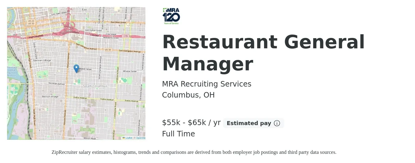 MRA Recruiting Services job posting for a Restaurant General Manager in Columbus, OH with a salary of $55,000 to $65,000 Yearly with a map of Columbus location.