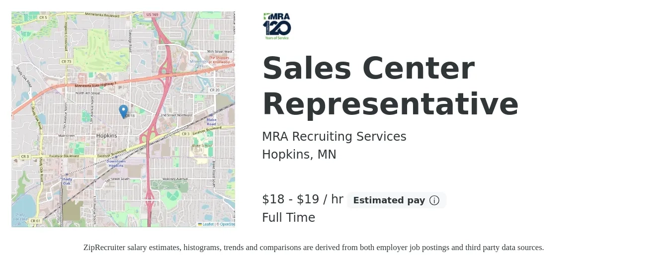 MRA Recruiting Services job posting for a Sales Center Representative in Hopkins, MN with a salary of $19 to $20 Hourly with a map of Hopkins location.