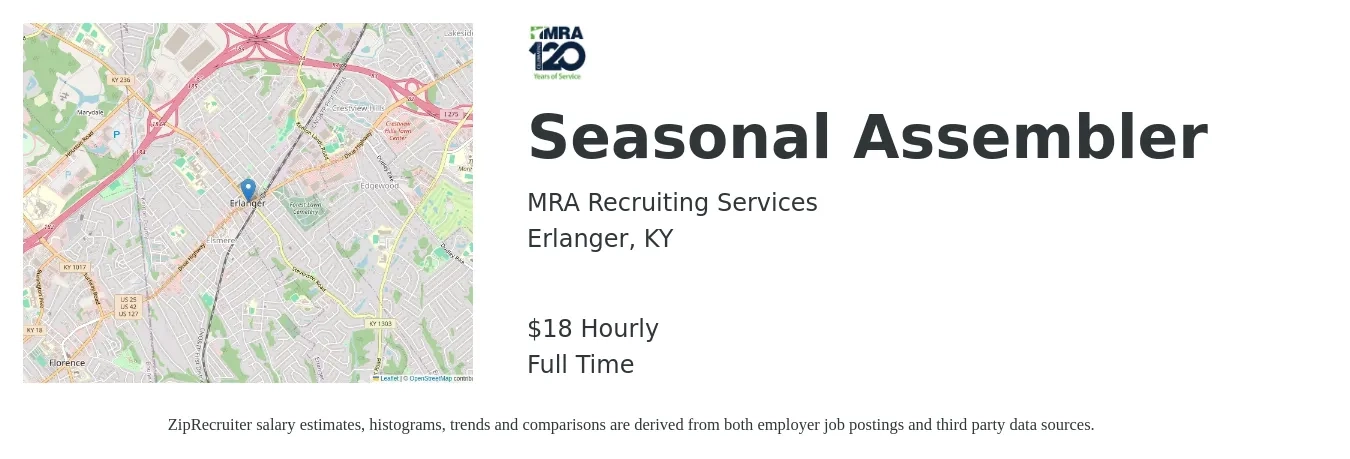 MRA Recruiting Services job posting for a Seasonal Assembler in Erlanger, KY with a salary of $19 Hourly with a map of Erlanger location.