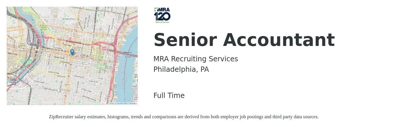 MRA Recruiting Services job posting for a Senior Accountant in Philadelphia, PA with a salary of $74,700 to $93,800 Yearly with a map of Philadelphia location.