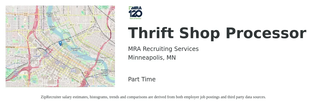 MRA Recruiting Services job posting for a Thrift Shop Processor in Minneapolis, MN with a salary of $18 to $20 Hourly with a map of Minneapolis location.